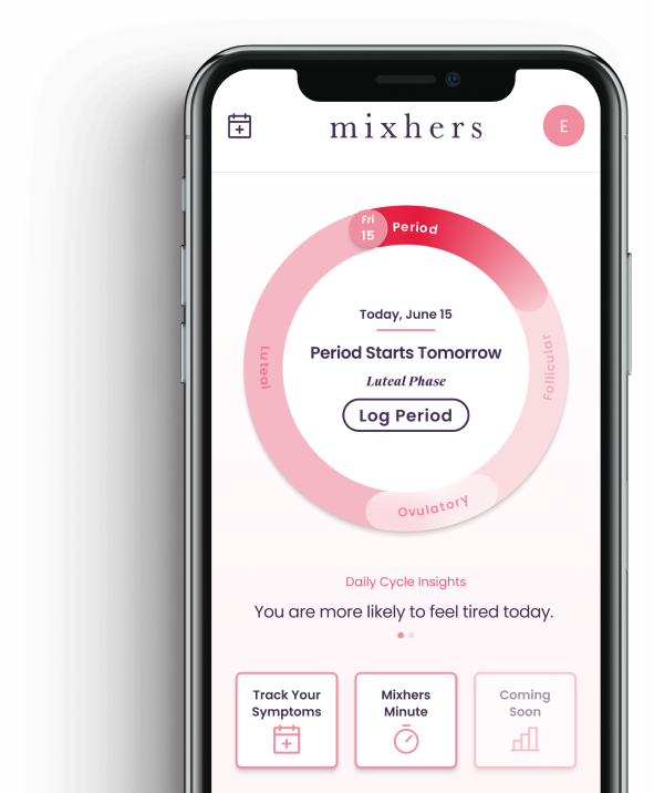 Mixher's cycle tracking app on iPhone